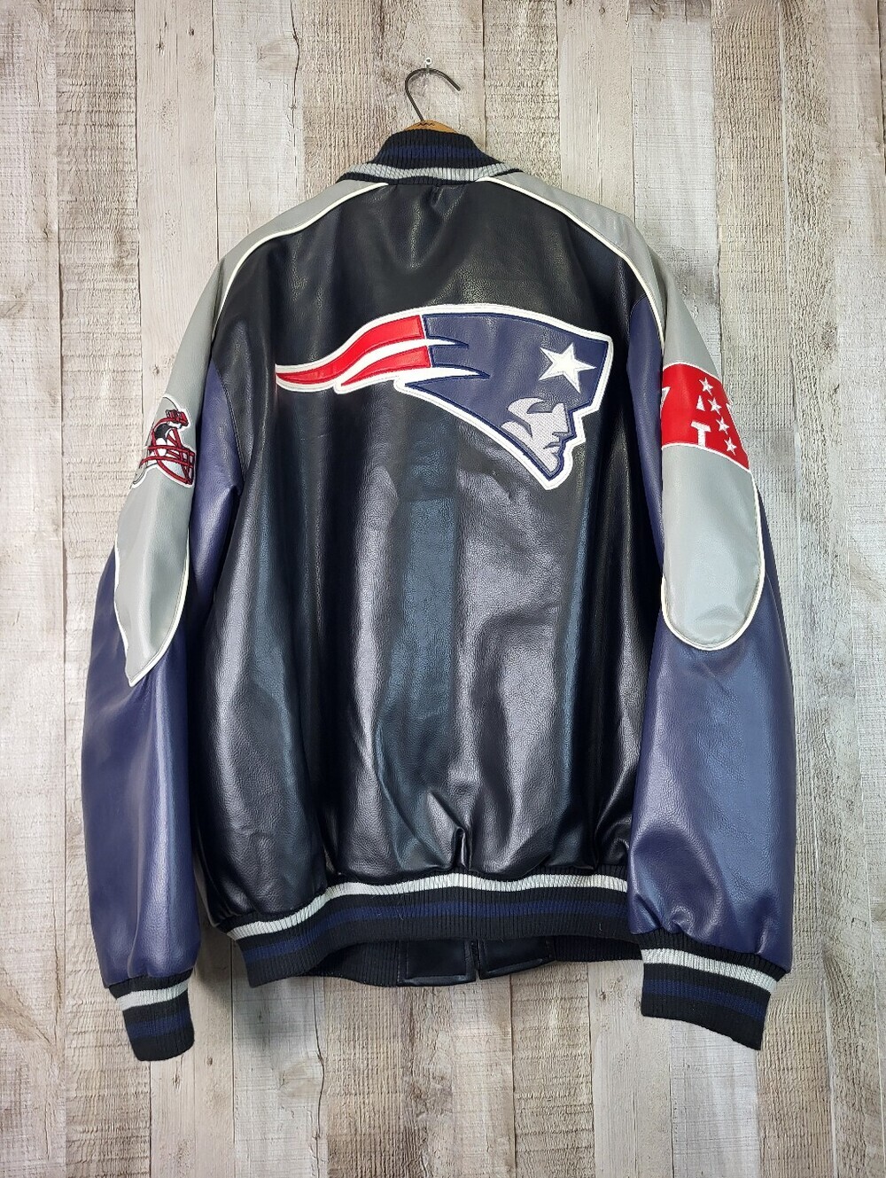NFL Patriots Navy and Gray Leather Jacket. Faux Leather. Mens Large - Picture 8 of 16